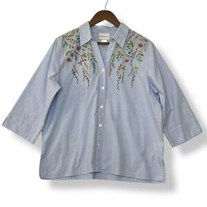 Alfred Dunner M Blouse Blue White Striped Floral Embroidered Button Up Cottage